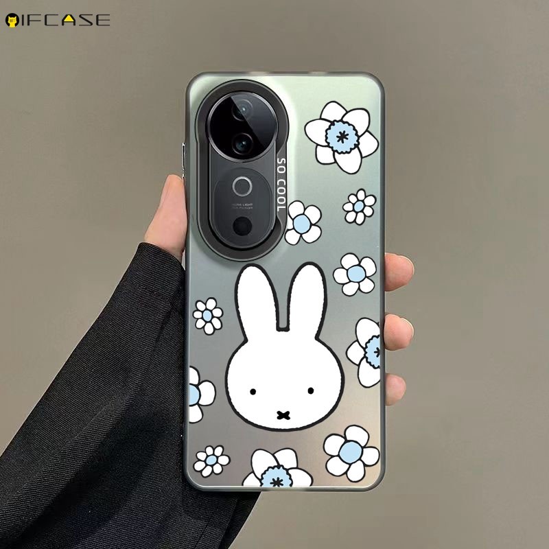 สําหรับvivo Y28 Y28s Y27 Y27s Y18 Y18e Y17 Y17s Y16 Y15 Y15s Y15a 4G 5Gเคสโทรศัพท์สีขาวMiffyกระต่ายดอกไม้น่ารักการ์ตูนเงินสีดําFrostedกรณีปกหลังกรณี