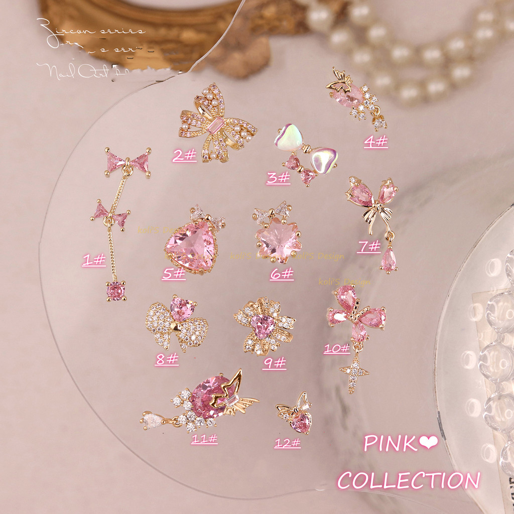 สีชมพูชุด12+โบว์ผูกสูงคงที่18พันทองสีชมพูอัญมณีอุปกรณ์แต่งเล็บทําเองบัลเล่ต์โบว์ผูกเกล็ดหิมะของขวัญมุกโซ่กลวงเล็บแพทช์เพชรวัสดุต่อ❀Koli ดีไซน์แต่งเล็บ