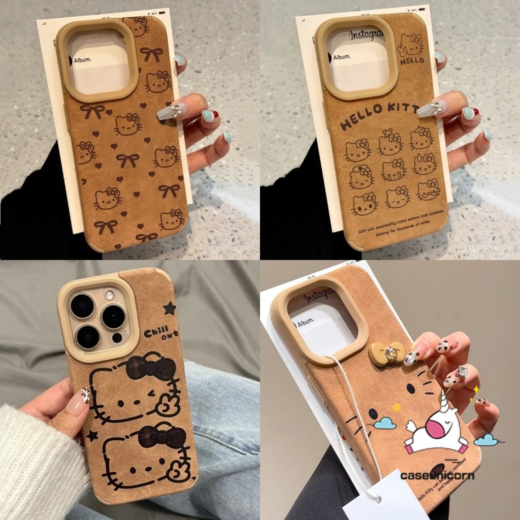 การ์ตูนวินเทจน่ารัก Hello Kitty สําหรับ IPhone 15 14 16 13 11 12 Pro Max 16 15 13 Plus 16 Pro Max 15 14 16 Pro Creative Luxury Fluff หนัง Feather Texture นุ่มกรณี