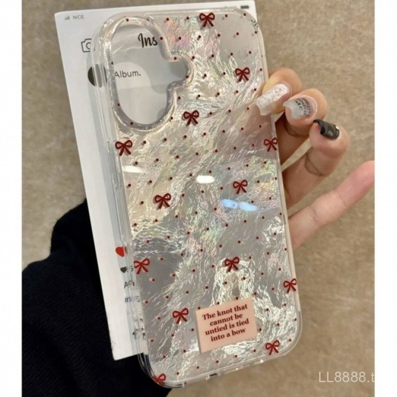 เคสโทรศัพท์มือถือสำหรับ iphone สดใส16/15promax สีแดงลายจุดโบว์13/12pro เคสป้องกันแบบหุ้มทั้งเครื่องก