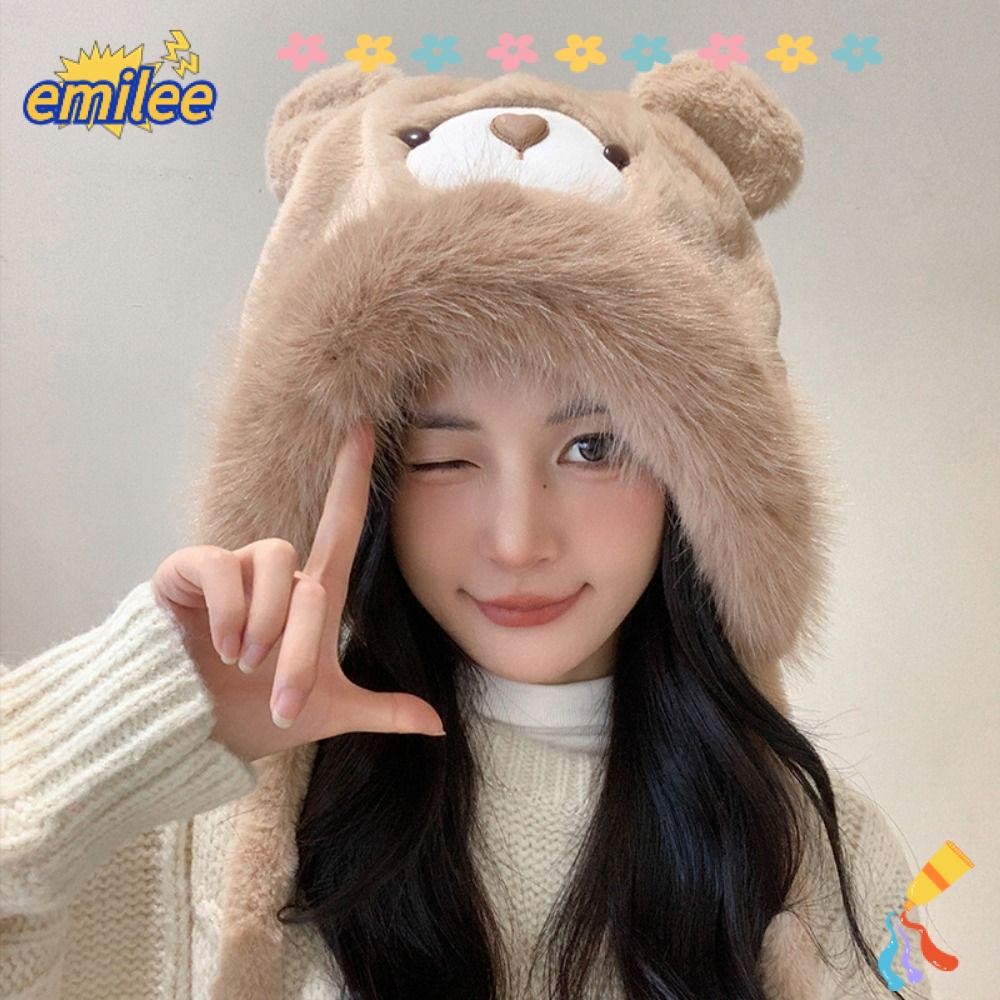 เอมิลี หมีหูหมวก,หนาอบอุ่น กันลม ฤดูหนาวตุ๊กตาหมวก,สีทึบการ์ตูนป้องกันหู ที่ปิดหู ฝากระโปรง หมวก