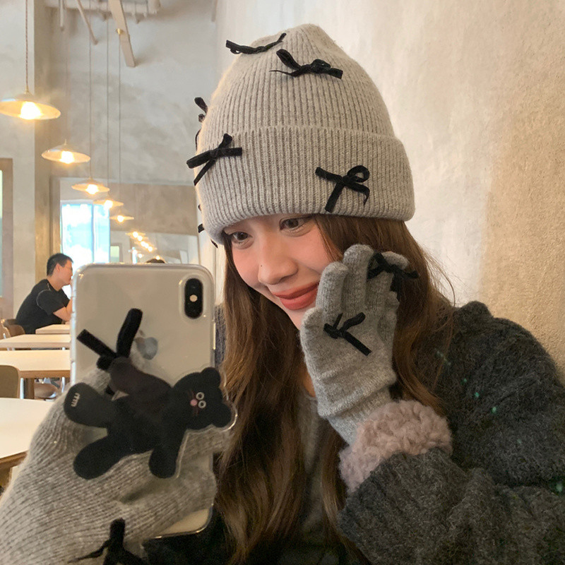 Beanie Hat Fashion Ear Protection Sweet Knitted Hat Warm Hat Cute Autumn and Winter Simplicity Female Good-looking Bow All-Match ROCL