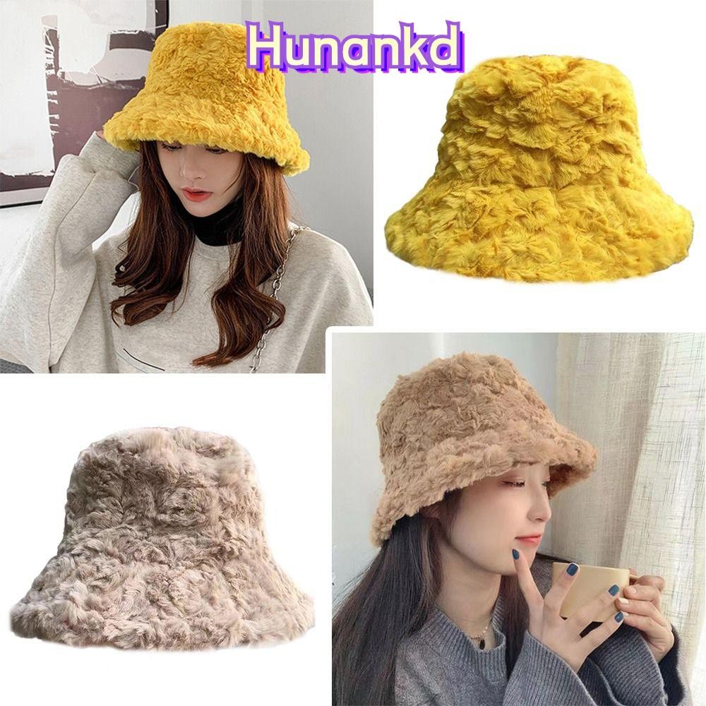 Huan หมวกบักเก็ตผู้หญิง Faux Fur Casual หมวกปานามานุ่ม