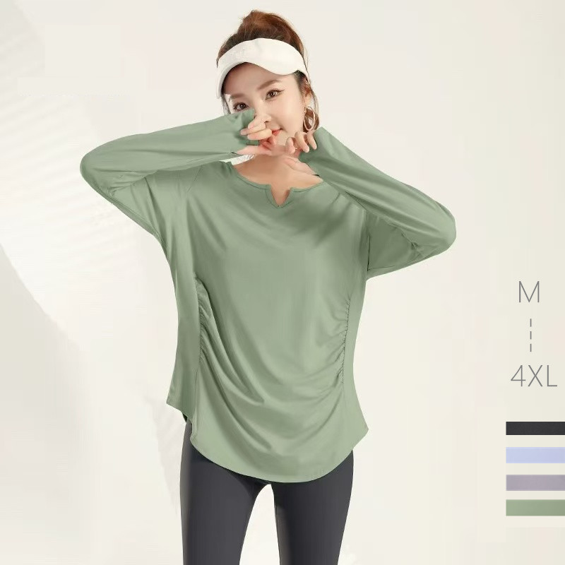 ด้านข้างจีบโวลต์คอออกกําลังกายเสื้อยืดยืดหยุ่นความนุ่มแขนยาวระบายอากาศท็อปส์ขนาดบวก3เอ็กแอล 4เอ็กแอล หญิงเสื้อ