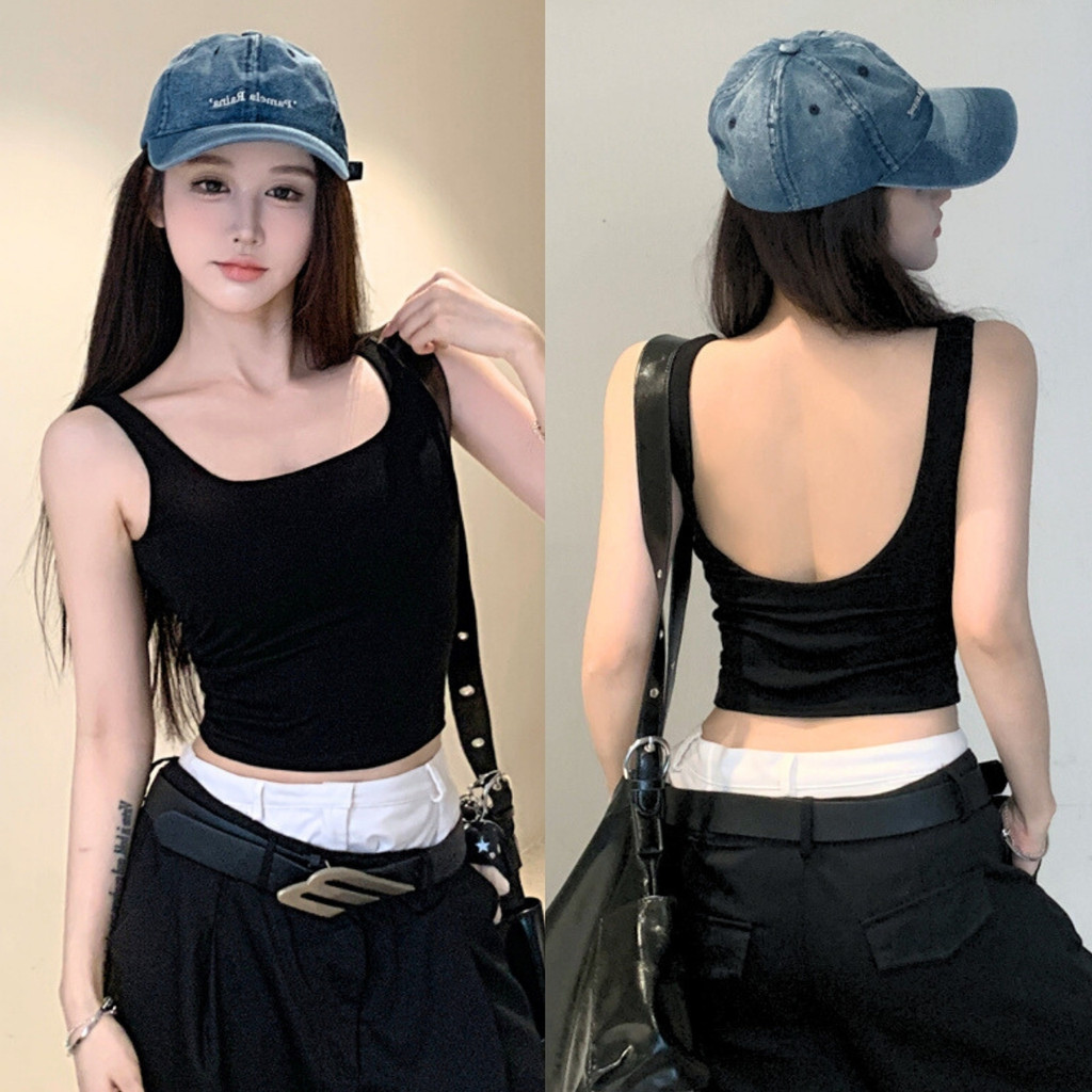 ราคาถูกที่สุด เสื้อกล้ามแฟชั่นเว้าหลัง มีฟองน้ำ สีดำ ฟรีไซส์