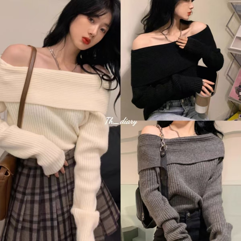 (พร้อมที่จะจัดส่งในกรุงเทพ) ฤดูใบไม้ร่วงรูปแบบใหม่ ไหล่เดียวสไตล์ผู้หญิง ผ้าถัก เสื้อสเวตเตอร์ทรงเข้ารูปอย่างมีสไตล์Z287
