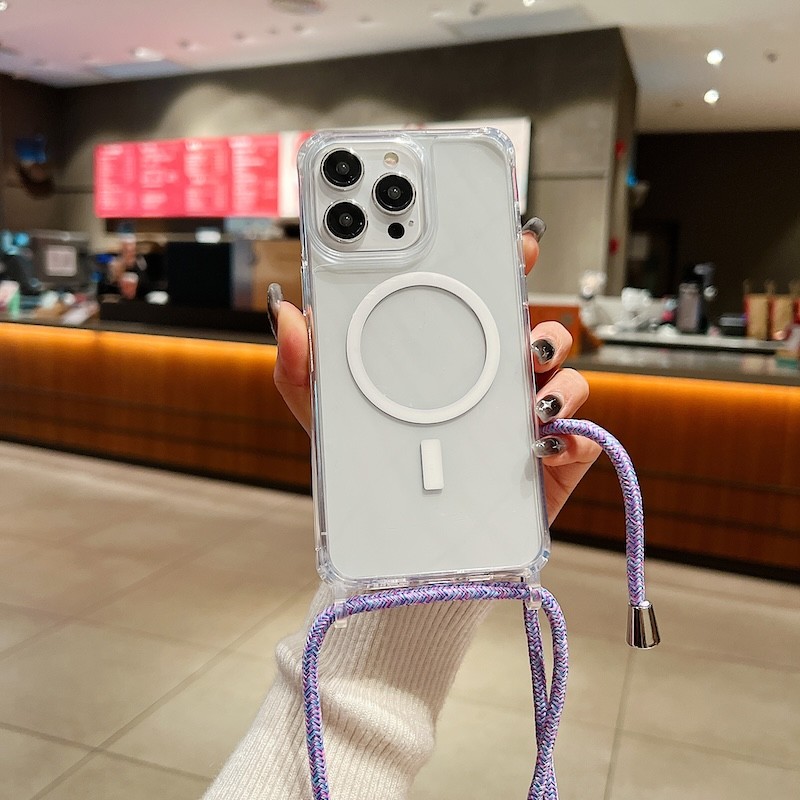 สายคล้องแม่เหล็กสําหรับ iPhone 11 12 13 14 15 16 Pro Max 16 Plus กระเป๋าสะพายข้าง เชือกเส้นเล็กปรับเชือกอะคริลิคใสใสปก