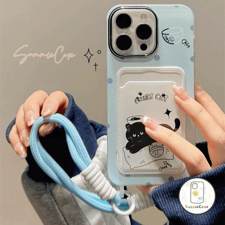 เพื่อ IPhone 11 16 13 14 12 15 Pro Max 6s 8 7 6 Plus X XR XS Max SE 2020 แมวดำ โชคลาภ กระเป๋าใส่บัตร สายสะพาย เคส