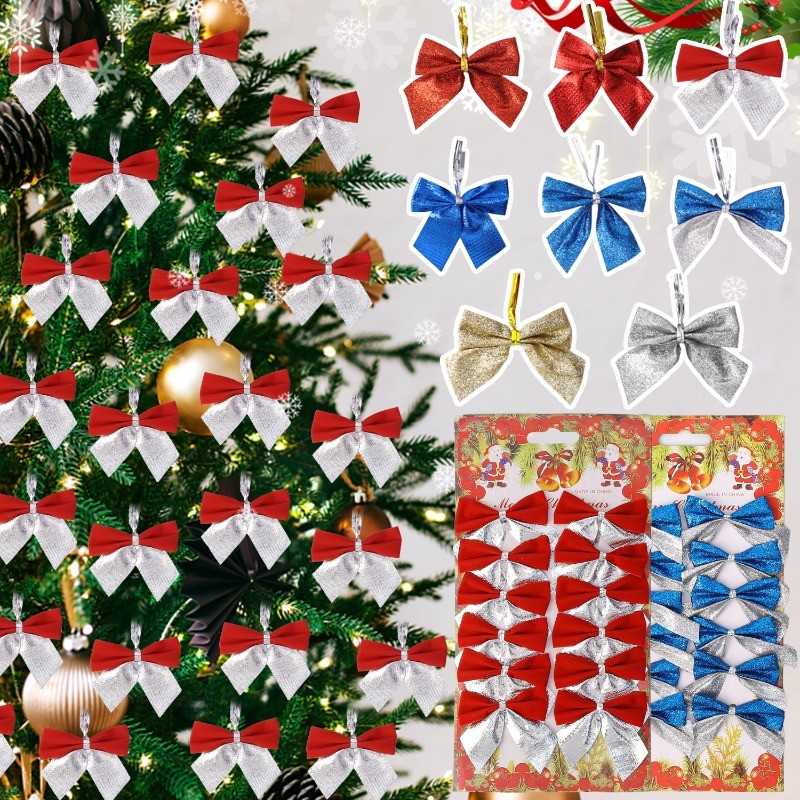 โบว์กลิตเตอร์คริสต์มาส - ริบบิ้นกลิตเตอร์ Bowknot - Mini Xmas Tree Bowknot จี้ - เครื่องประดับต้นคริสต์มาส - ห่อของขวัญ DIY - ตกแต่งปาร์ตี้ปีใหม่ - อุปกรณ์ปาร์ตี้วันหยุด