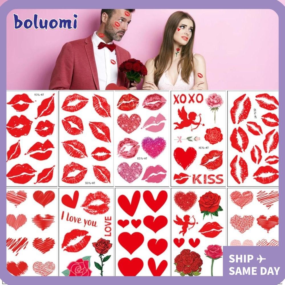 Bolumi 10PCS สติ๊กเกอร์รอยสักชั่วคราว, วันวาเลนไทน์กันน้ําปลอม Tattoo Decals, ริมฝีปาก Kiss Heart Red Love Rose ธีมอุปกรณ์ตกแต่งวาเลนไทน์สติกเกอร์ใบหน้า