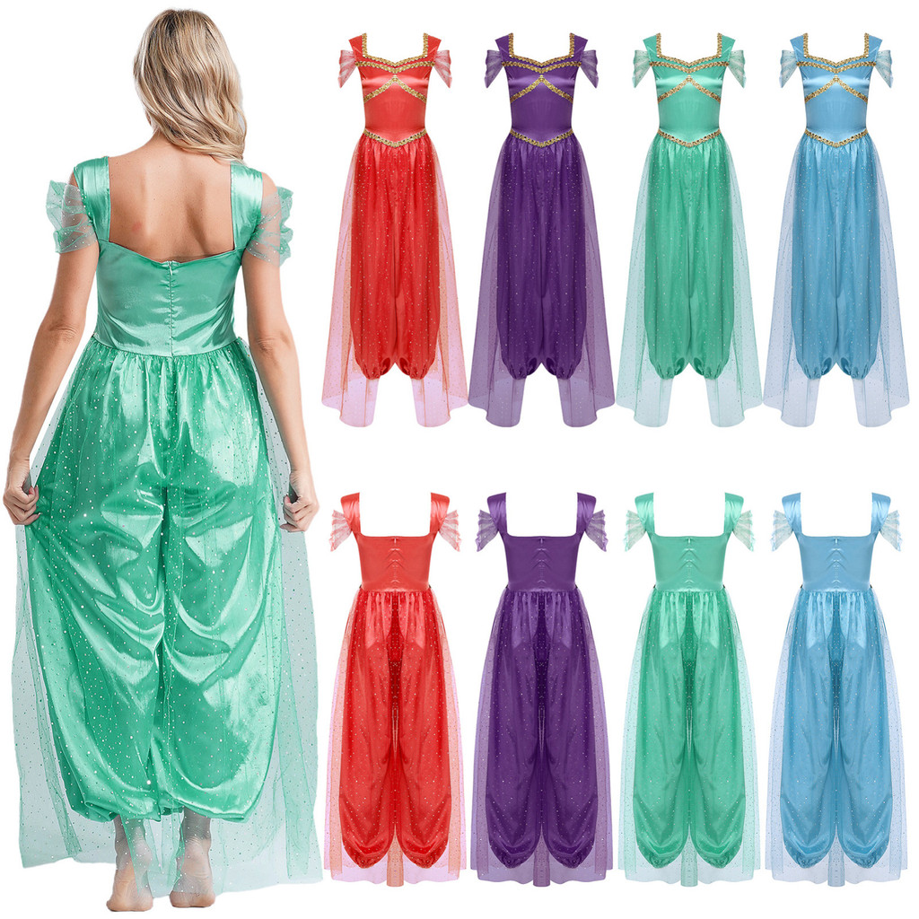 Choomomo Womens Belly Dance Jumpsuit เลื่อม Trim ฟักทองกางเกง Tulle Overlay ชิ้นเดียว Romper สําหรับฮาโลวีนอาหรับคอสเพลย์ Party