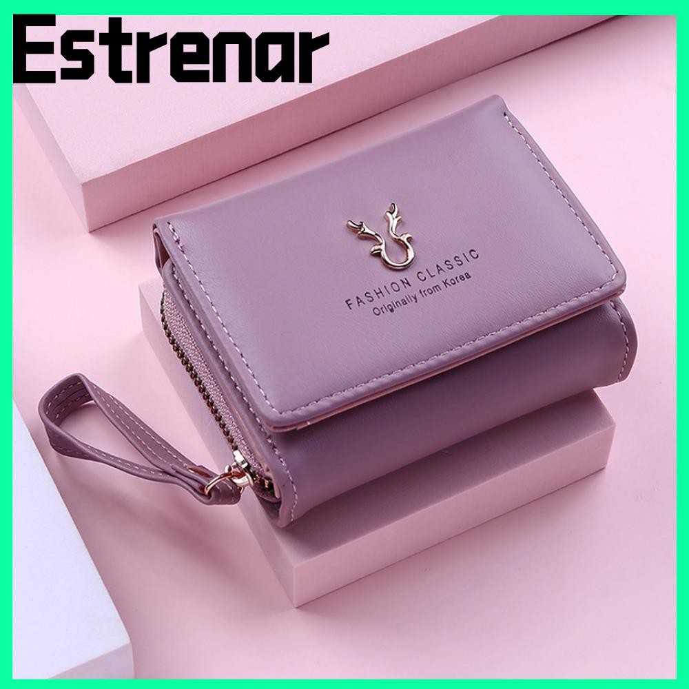 Estrenar กระเป๋าสตางค์ใบสั้น,กระเป๋าใส่เหรียญสีทึบขนาดเล็ก,แฟชั่นความจุขนาดใหญ่หนังเขากวางกระเป๋าถือผู้หญิงเลดี้