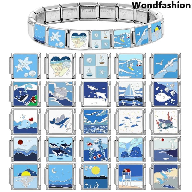 Ocean Night View อิตาเลี่ยน Charm สร้อยข้อมือ Fit 9 มม.สร้อยข้อมือสแตนเลส DIY เครื่องประดับทําอุปกรณ์เสริม Retro บุคลิกภาพโมดูลสร้อยข้อมืออุปกรณ์เสริม