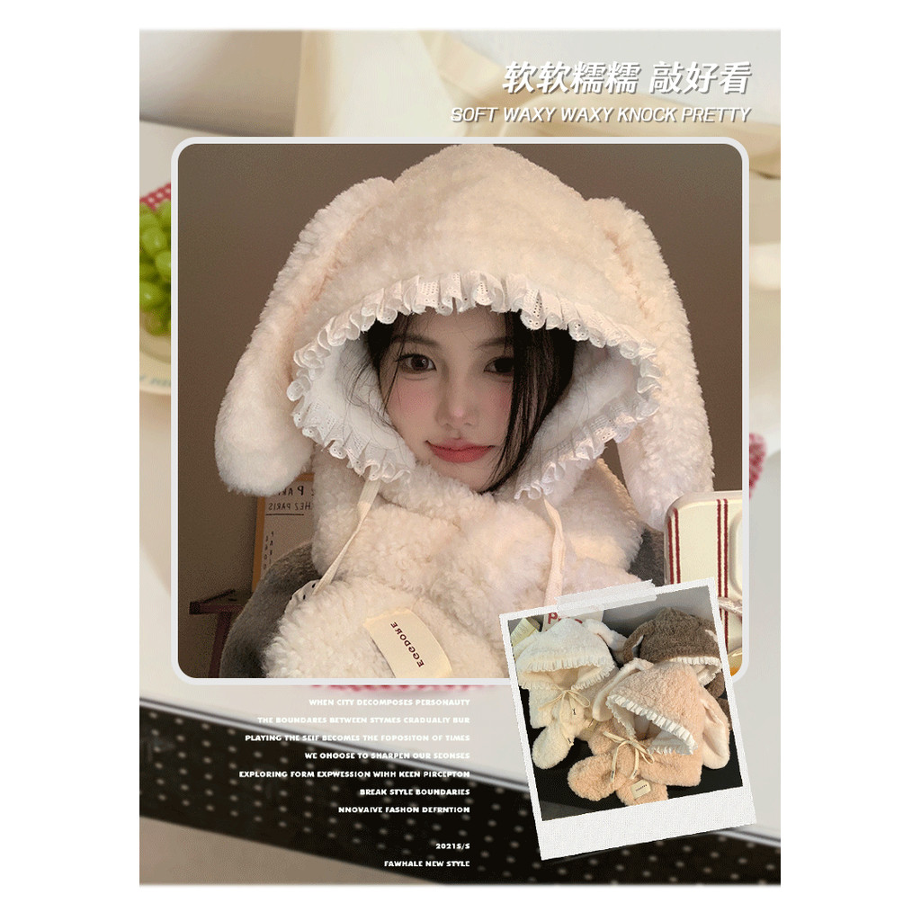 น่ารักตุ๊กตากระต่ายหูหมวกผ้าพันคอหนึ่งหญิง2024ฤดูใบไม้ร่วงฤดูหนาวหนาป้องกันหูที่อบอุ่นเสื้อสวมหัวหมวก ราคา ถูกที่สุด ดีลบีเคเค แกลเลอรีภาพที่ 8