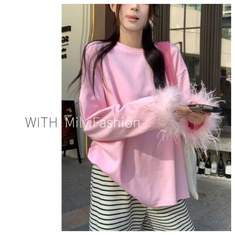Milyfashion เสื้อยืดแขนยาวผ้าวูลเย็บต่อกันสไตล์คนขี้เกียจเสื้อทรงหลวมไซส์ใหญ่พิเศษสำหรับฤดูใบไม้ผลิและฤดูใบไม้ร่วง