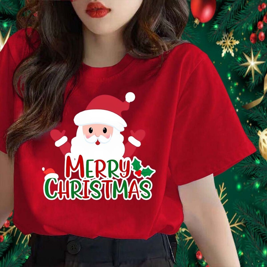 เสื้อยืดปี 2025 【New】 เสื้อคริสต์มาส Merry Christmas T-shirt ซานตาคลอส ต้นคริสต์มาส พิมพ์ลาย เสื้อครอบครัวคริสต์มาส