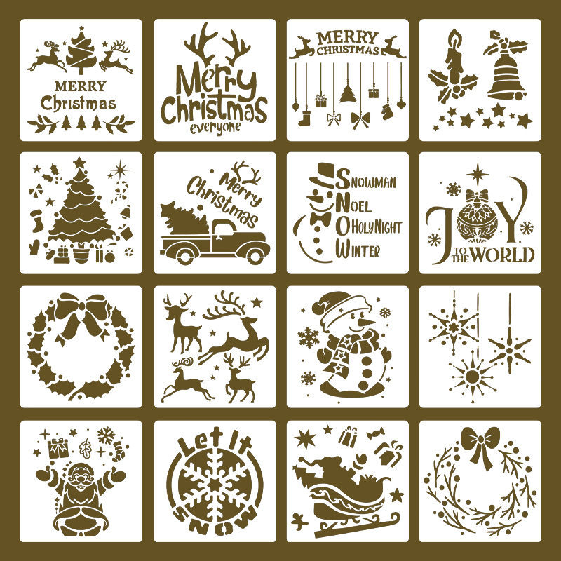 Yixi 16 รูปแบบ Hollow ภาพวาดแม่แบบ Christmas Inkjet Template DIY คู่มืออัลบั้มตกแต่ง Hollow รูปแบบแม