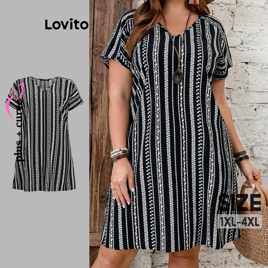 Lovito ชุดเดรสจีบลายชนเผ่าสไตล์โบฮีเมียนไซส์ใหญ่สำหรับผู้หญิง LBL18338