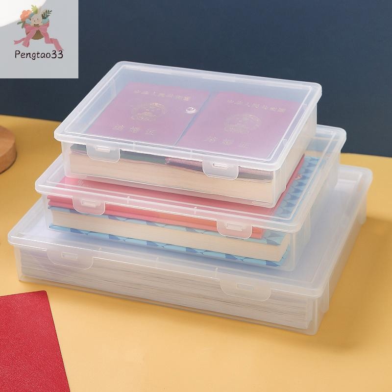 Pengtao33 กล่องเก็บแฟ้มพลาสติกองค์กรกล่องเก็บของสี่เหลี่ยมโปร่งใส A4 กล่ององค์กรเดสก์ท็อปกล่องเก็บฝุ่น COD