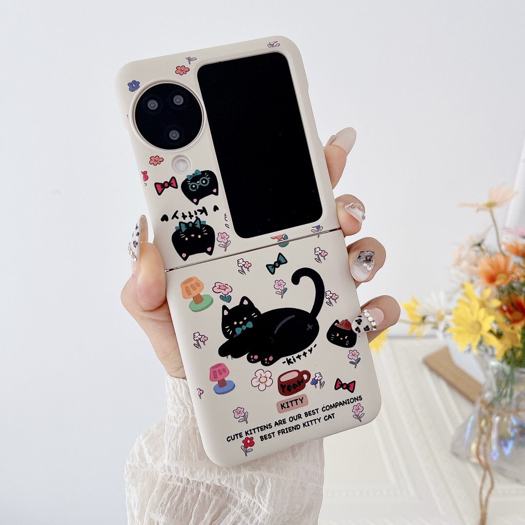Oppo Find N3 flip 5Gกรณีน่ารักการ์ตูนRetroสไตล์แมวดําพร้อมโซ่กรณีOPPOค้นหาN2 flip 5Gฮาร์ดกันกระแทกโทรศัพท์ความคิดสร้างสรรค์กรณีปก