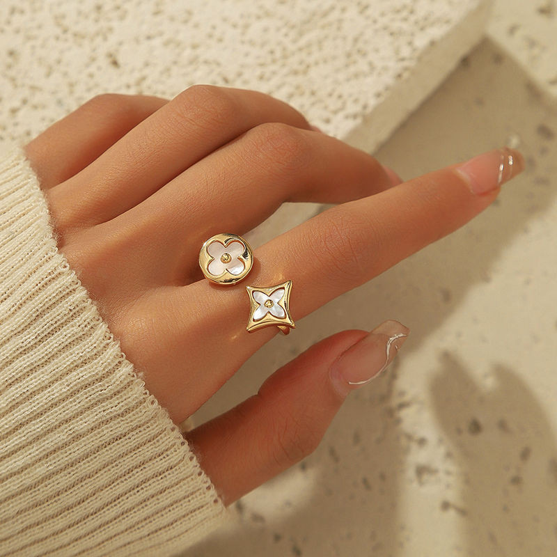 สีขาว Fritillaria tetraleaf clover แหวนอารมณ์แหวนนิ้วชี้เครื่องประดับสําหรับผู้หญิง