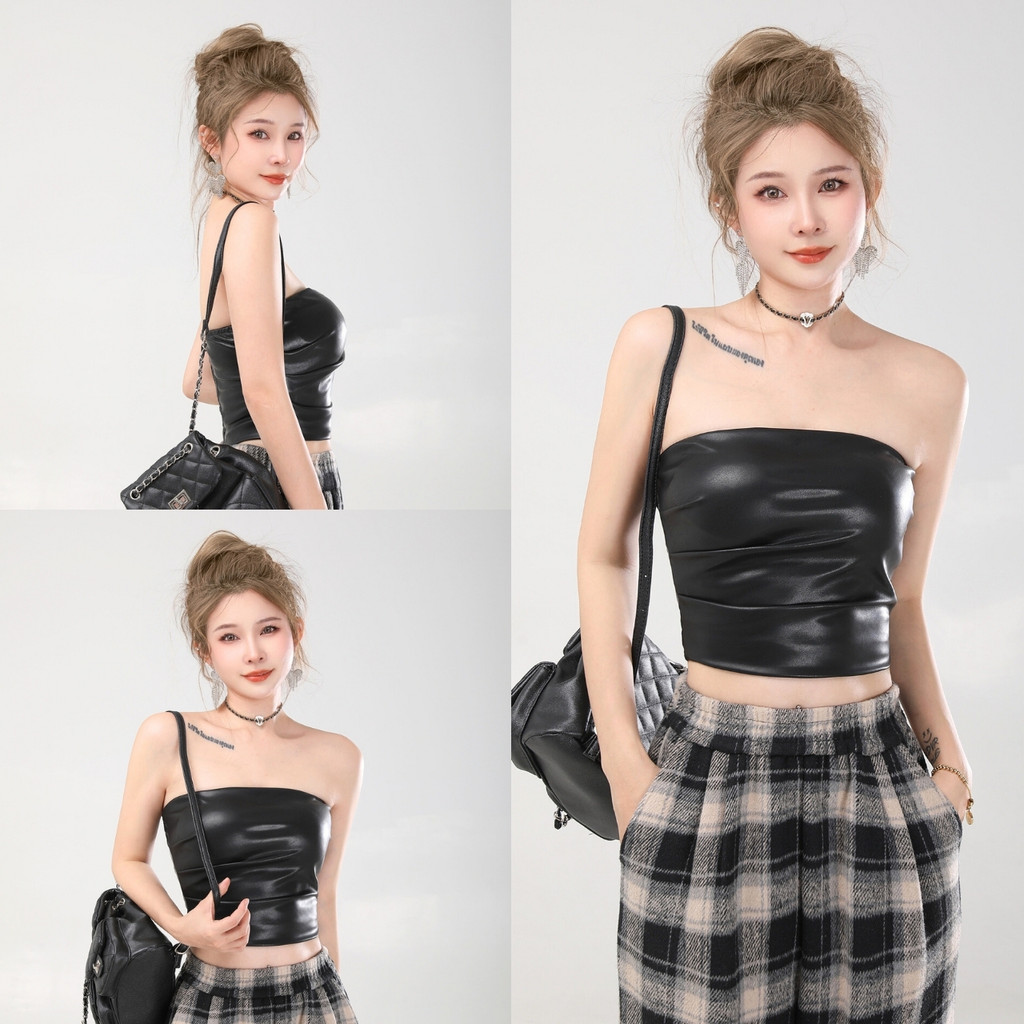 ราคาถูกที่สุด เกาะอกแฟชั่นผ้าหนัง ทรงย่นเข้ารูป สีดำ อกด้านหลังยืด มีไซส์