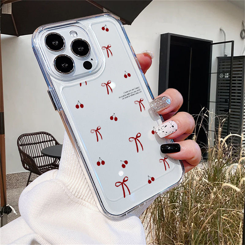 สีแดงbowknotเชอร์รี่คู่โปร่งใสเคสโทรศัพท์สําหรับiphone 16 15 11 12 13 14 Pro XS Max X XR 8 7 Plusปลอกป้องกันกล้องกันกระแทกโทรศัพท์มือถือ
