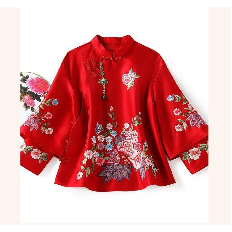 Fast Shipping   ผู้หญิง บวก ขนาดเสื้อ ชม. อันฟู่ ด้านบนสไตล์จีนเสื้อสําหรับผู้หญิง2024ฤดูใบไม้ร่วงใหม่วินเทจเฉียง พลาเกต จีนปมปุ่มเย็บปักถักร้อยยืนปกปรับปรุง กี่เพ้า - รูปที่ 6