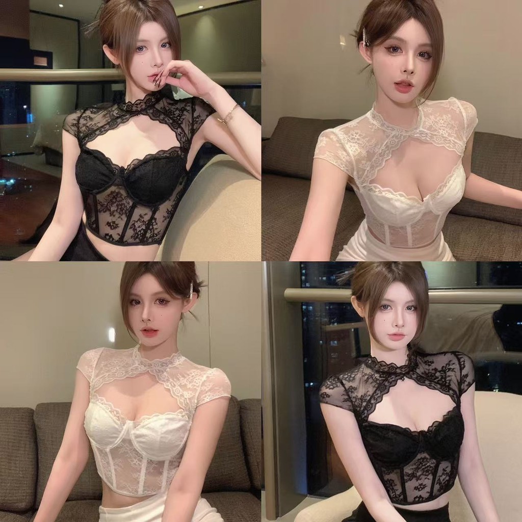 💗Vivian💗เสื้อยืด มีฟองน้ำ แต่งลูกไม้ สลิมฟิต💟เสื้อครอป การทำตัวให้ผอม เซ็กซี่ เสื้อครอป อารมณ์อันสูงส่ง#FY1901