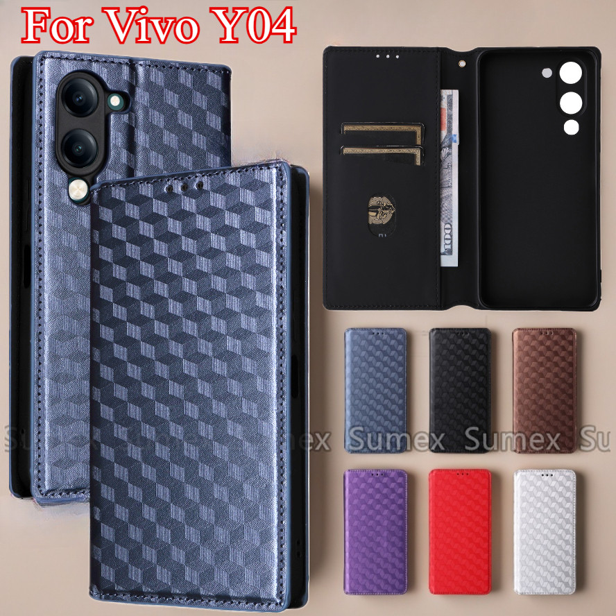 สําหรับVivo Y04 4G Y29S Y29T 5G 2025 Latticeแม่เหล็กหนังฝาครอบโทรศัพท์ขาตั้งช่องใส่การ์ดกระเป๋าสตางค