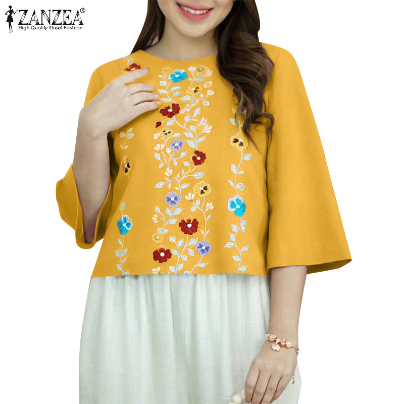 Zanzea Women Commuting Daily Leisure Round Neck 3/4 Sleeve Flora Print Shirt