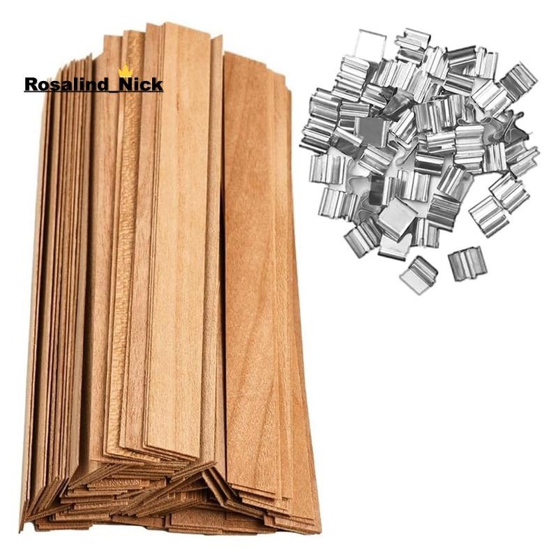 [Rosalind_Nick]100 ชุดเทียนไส้ตะเกียง 0.5X5.12 นิ้วไส้ตะเกียงไม้ธรรมชาติสําหรับทําเทียน, เทียน DIY Wick Smokeless Wood Wicks คลิปฐาน