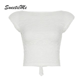 SweeticMe เสื้อสตรี 2025 ใหม่ แฟชั่นสีทึบ ลูกไม้ เซ็กซี่ Bac…