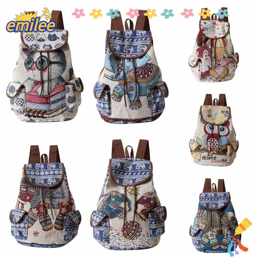 Emilee เย็บปักถักร้อย Knapsack,ผ้าใบ Jacquard ช้างนกฮูกสัตว์ Drawstring Backbag,แฟชั่นสบายๆสไตล์ชาติพันธุ์ถังกลับกระเป๋าเดินทาง