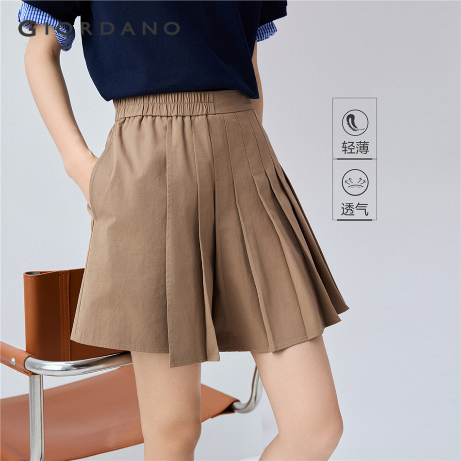 GIORDANO WOMEN 100% Cotton half elastic waist pleated skorts 13405235