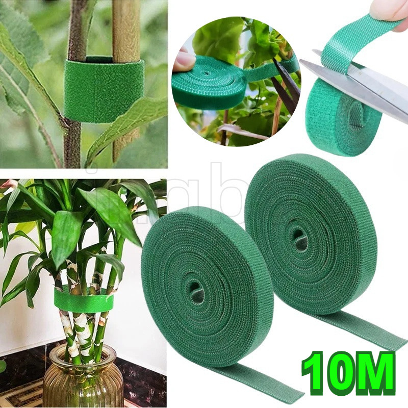 2 ม้วน 10M Self กาวพืชไนลอนสายผูกสีเขียวปรับพืช Hook Loop สนับสนุน Garden Twine Bandage Reusable Fastener เทปแถบ