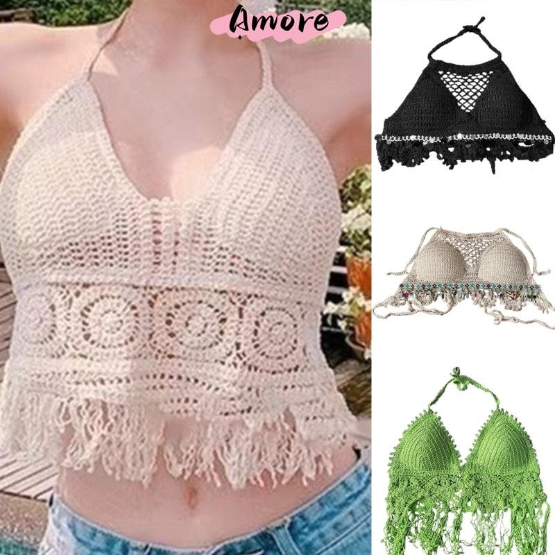 Amore ผู้หญิงชายหาดโครเชต์ถัก Tassels Crop Top Halterneck Backless บิกินี่ Bra