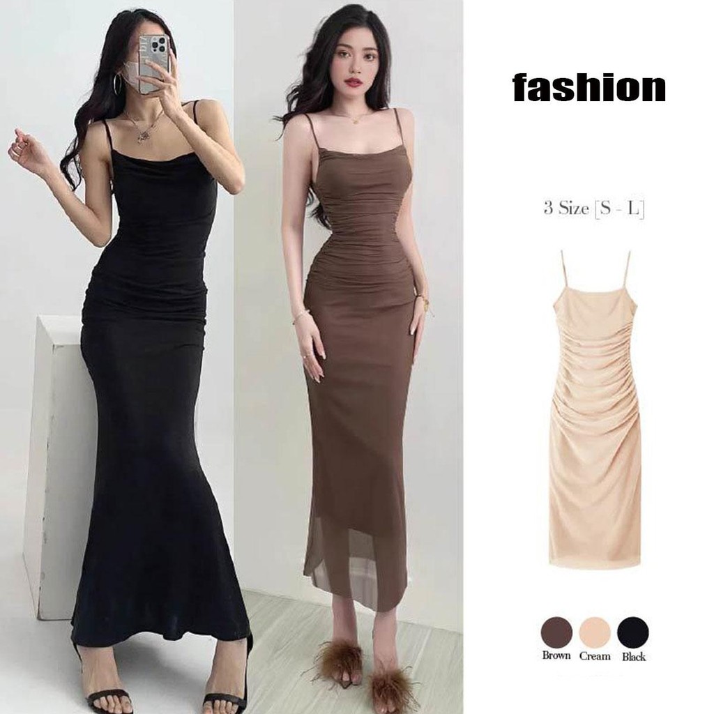 Dahong 99062แม็กซี่เดรส สีพื้น สายเดี่ยว ผ้าตาข่าย มีซับในเต็มตัว สม็อคข้างลำตัว ทรงเข้ารูป Dress ไปผับ
