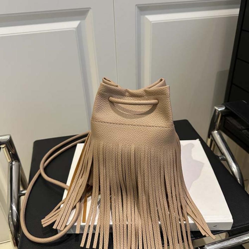 Mxmio Tassels Bucket Bag, Elegant Retro Drawstring PU Bag, Crossbody Bag Large Capacity Anti-splash Water Magnetic Button Texture กระเป๋าสะพายไหล่ผู้หญิง