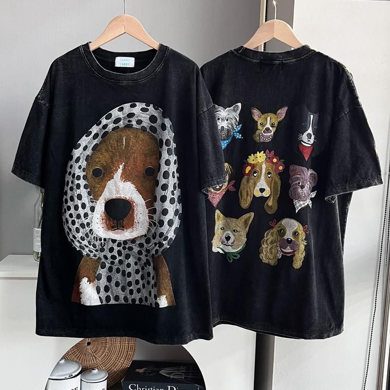 เสื้อยืดผ้าฟอก Oversize ขนาดใหญ่ สกรีนหน้าหลังลายน้องหมา Unisex เสื้อยืดสไตล์อเมริกันพิมพ์
