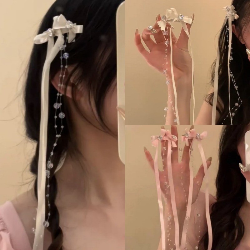 Y2K Lolita กิ๊บติดผมสาวหวานบัลเล่ต์ริบบิ้นโบว์ลูกปัดยาวพู่ Hairpin อุปกรณ์เสริมผม