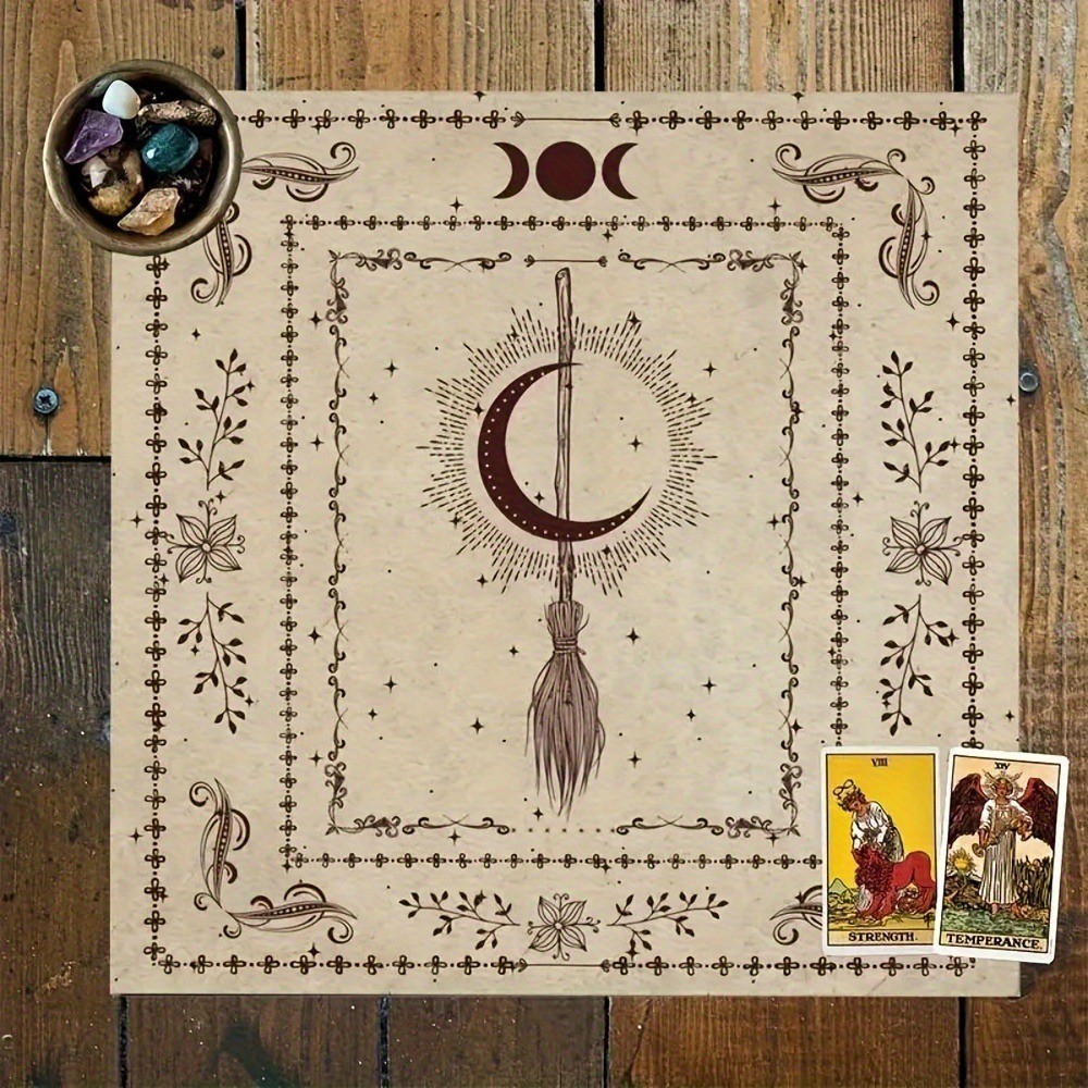 "1-pack Enchanting Witchy ผ้าปูโต๊ะ Moon, Broom & Tarot Cards Design 1 แพ็ค Bohemian-Inspired Square