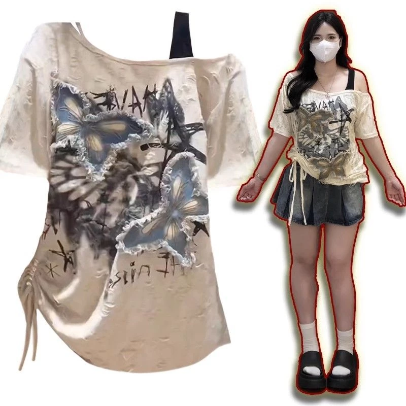 ไหล่เอียงด้านบนหลวมสไตล์อเมริกันเสื้อยืดเปิดไหล่แขนสั้นสไตล์สวมใส่สําหรับผู้หญิง