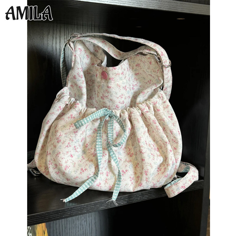 AMILA กระเป๋าเป้สะพายหลังดอกไม้เล็กๆสไตล์เกาหลีใหม่Lace-Upไหล่Crossbodyสามในหนึ่งเดียวกระเป๋าถือหวานสด