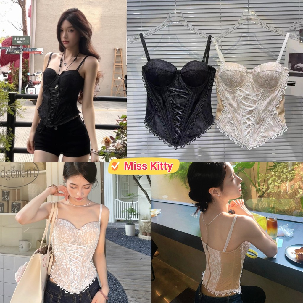 Miss Kitty❤️​พร้อมส่ง เสื้อสายเดี่ยว ทรงรัดรูป สไตล์เกาหลี มีฟองน้ำ ลายลูกไม้สีพื้น “FY1942”