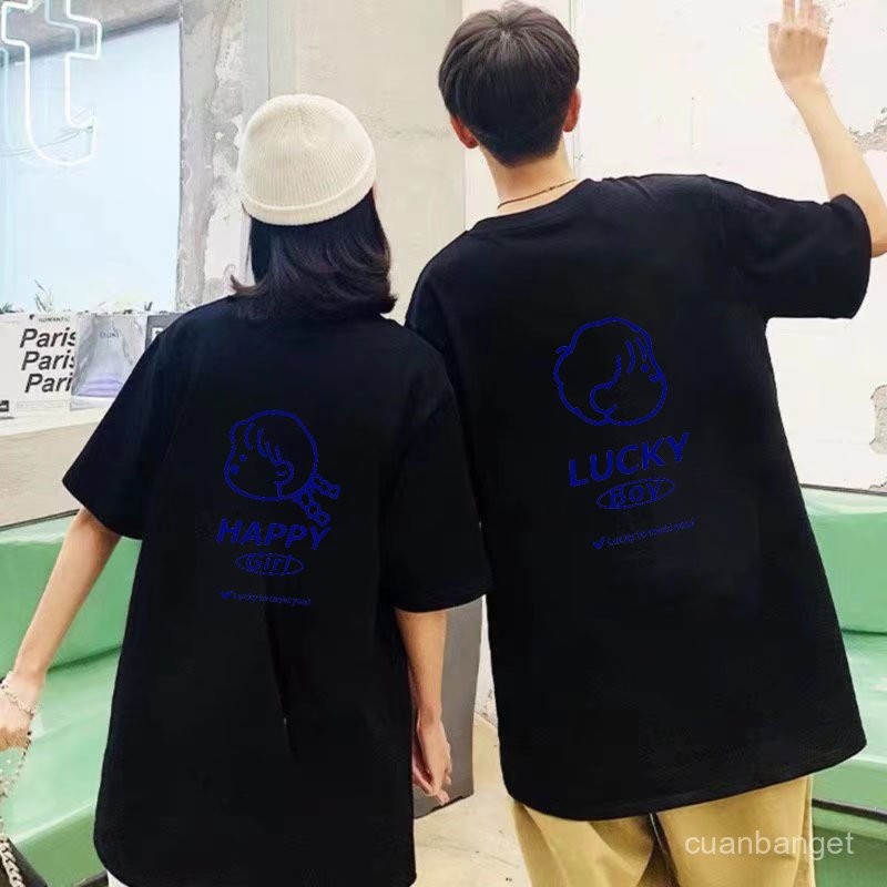 เสื้อยืดผู้หญิงพิมพ์ Happy God Lucky ผ้าฝ้ายแท้ 100% ระบายอากาศได้น่ารัก Index Satisfaction เสื้อผ้า