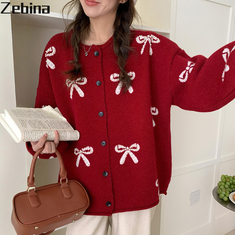 Zebina เสื้อกันหนาวผู้หญิงโบว์มุกตกแต่งใหม่หลวม Ankela สีแดงหนาเสื้อถักความร้อน