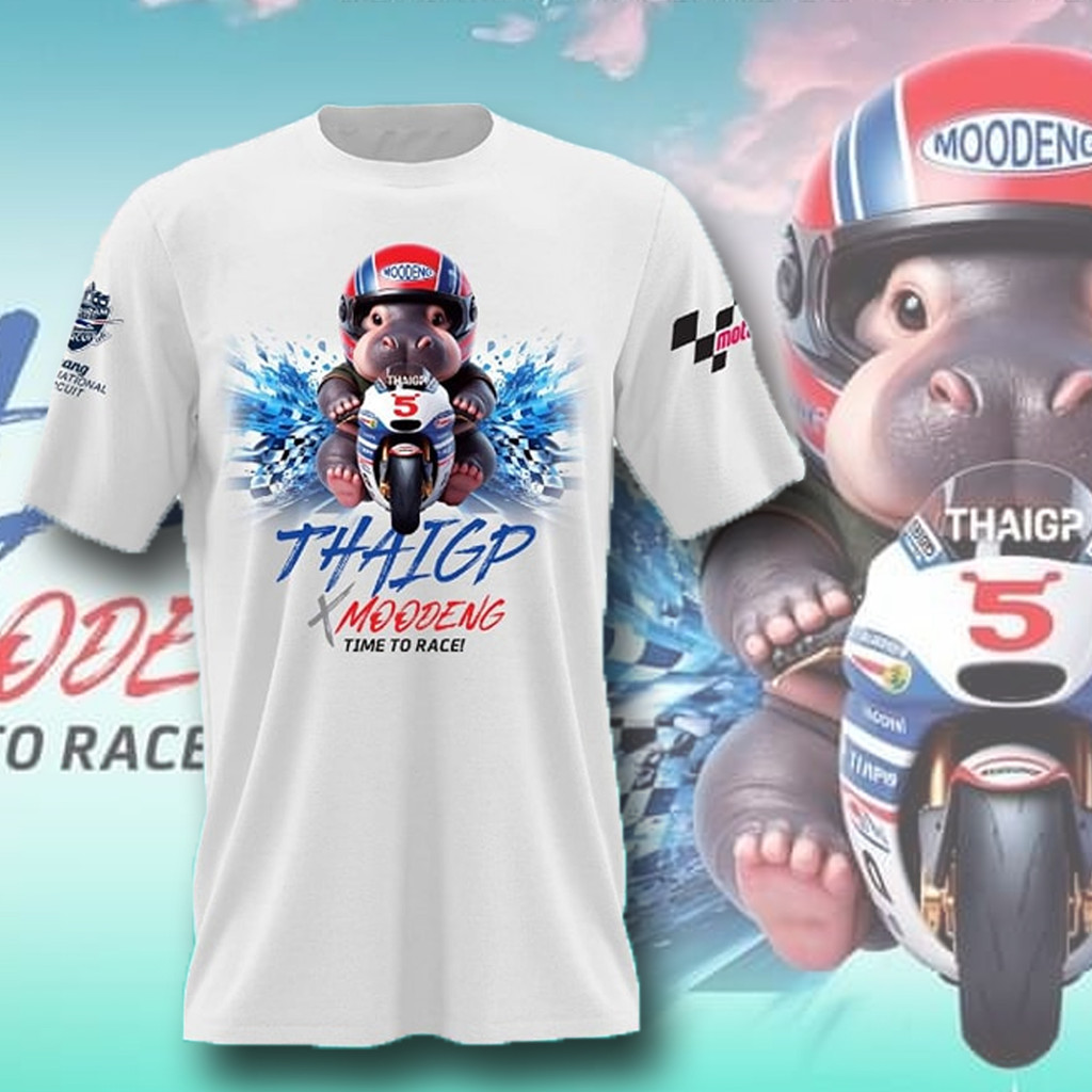ThaiGP x MOODENG เสื้อยืดสีขาวชายและหญิงแข่งรถจักรยานยนต์เสื้อยืดแขนสั้น