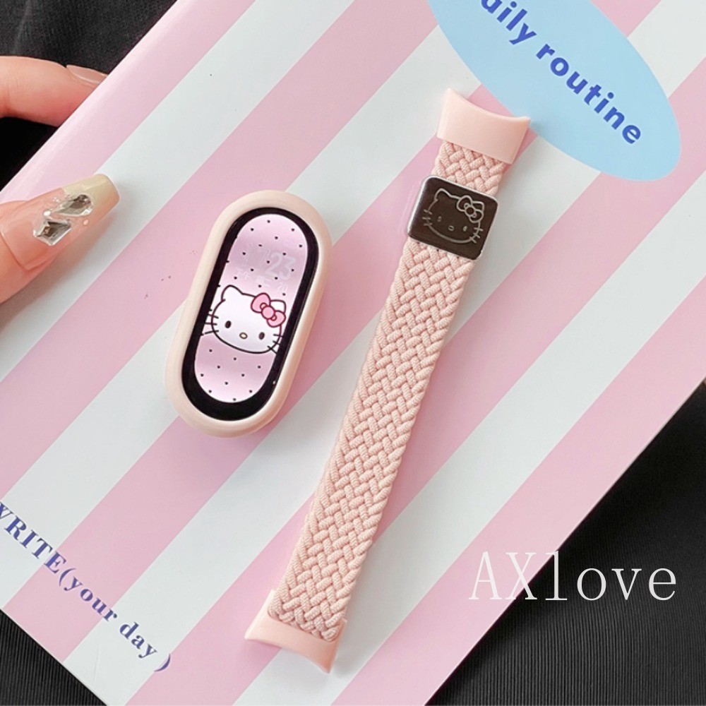 ถักไนลอน Solo Loop สําหรับ Xiaomi Mi Band 9 8 สายคล้องคออุปกรณ์เสริมยืดหยุ่นแกะสลัก Watchbands Correa สร้อยข้อมือสําหรับ Miband 9 8 NFC