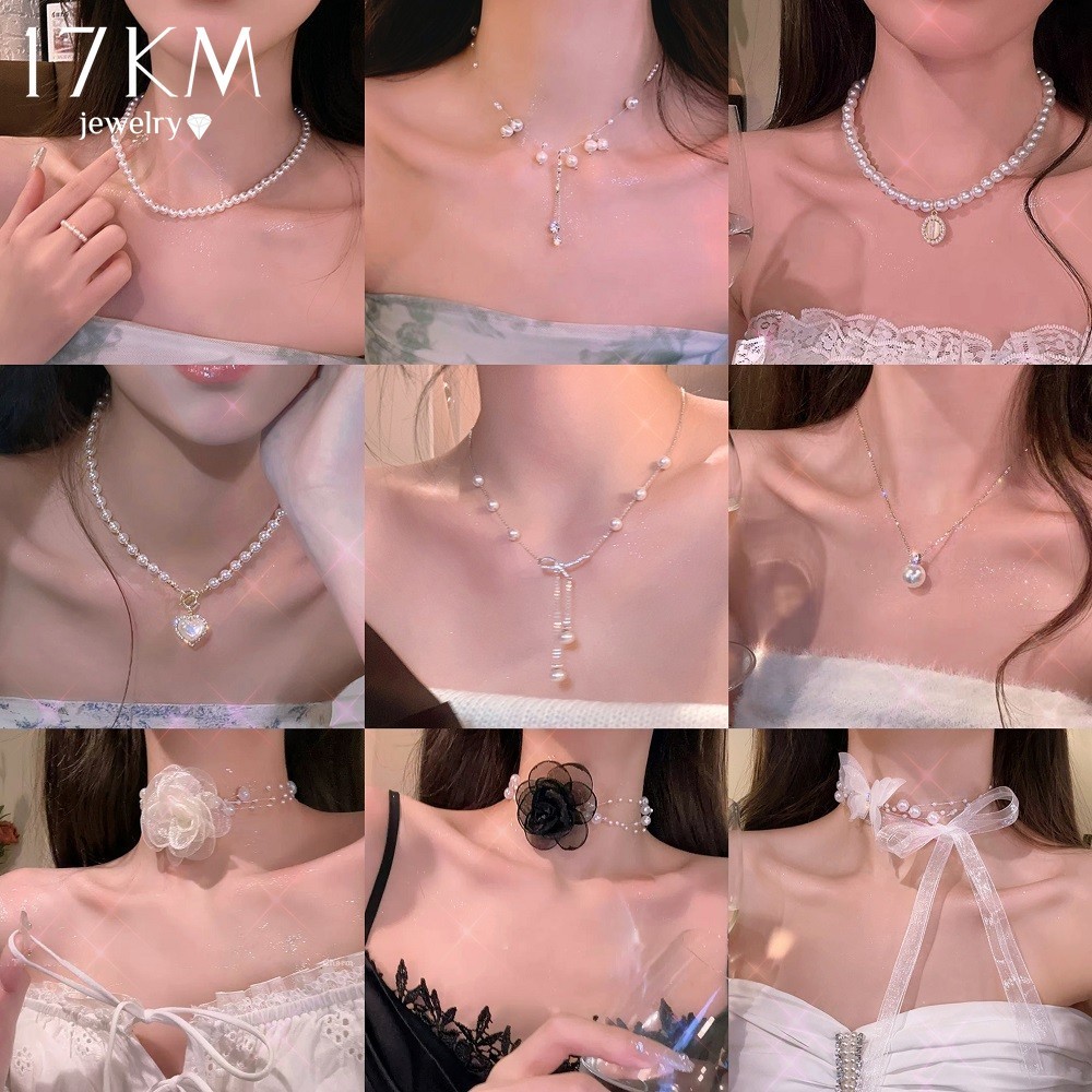 17KM แฟชั่นหัวใจดอกไม้โบว์สร้อยคอเพทายลูกปัดมุกกระดูกไหปลาร้าโซ่เค้นคอสําหรับผู้หญิงอุปกรณ์เครื่องประดับ